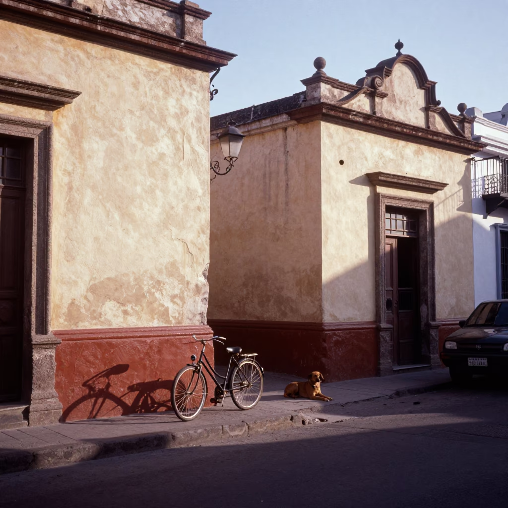 Late Afternoon Street Scene in Lima Peru with Bicycle and Brown Dog in in Lima, Peru