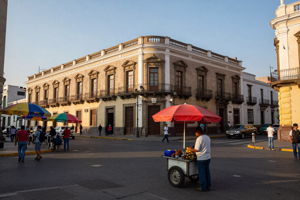 Late Afternoon Street Scene in Lima Peru with Colorful Umbrellas and Urban Architecture in in Lima, Peru