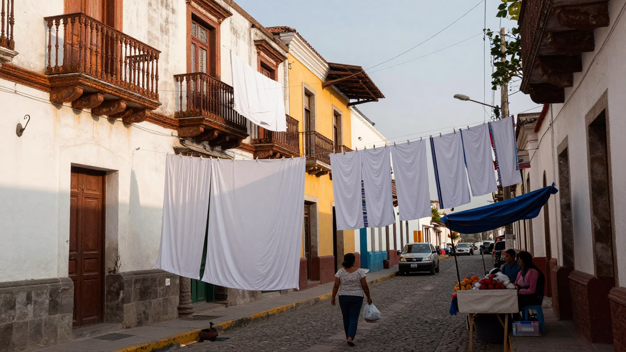 Late Afternoon Street Scene in Lima Peru with Hanging Laundry and Local Market Activity in in Lima, Peru