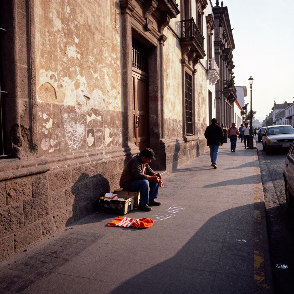 Late Afternoon Street Scene in Lima Peru with Towel and Chalk Tray in in Lima, Peru