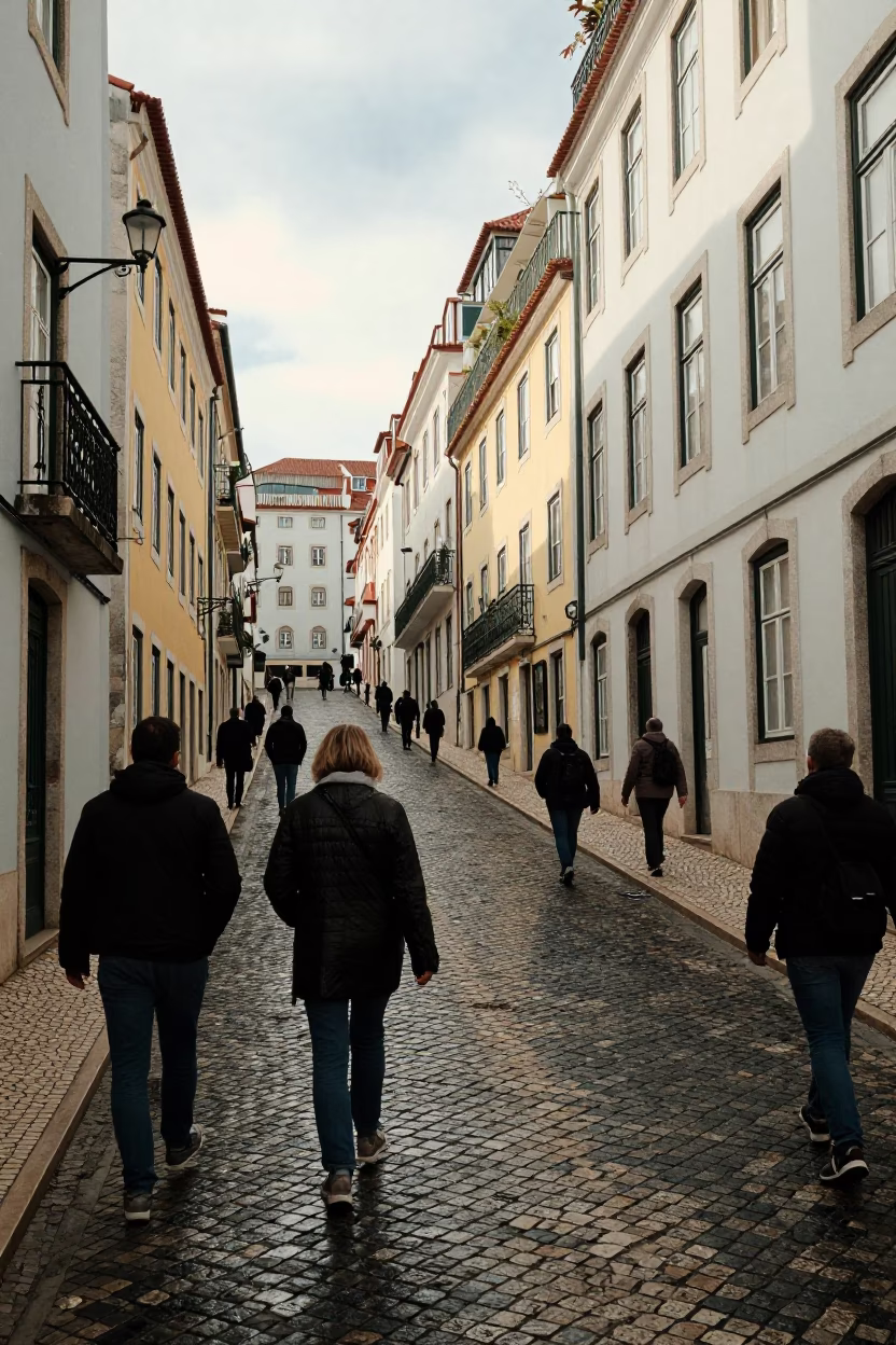 Late Afternoon Street Scene in Lisbon Portugal with Raincoats and Urban Architecture in in Lisbon, Portugal
