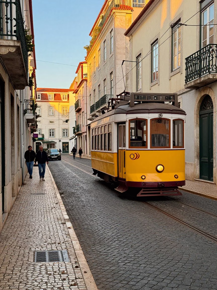 Late Afternoon Street Scene in Lisbon Portugal with Tram and Local Life in in Lisbon, Portugal