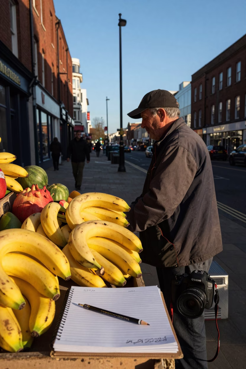 Late Afternoon Street Scene in Liverpool UK with Bananas and Mechanical Pencil in in Liverpool, United Kingdom