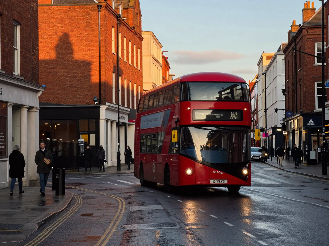Late Afternoon Street Scene in Liverpool UK with Red Bus and Brick Architecture in in Liverpool, United Kingdom