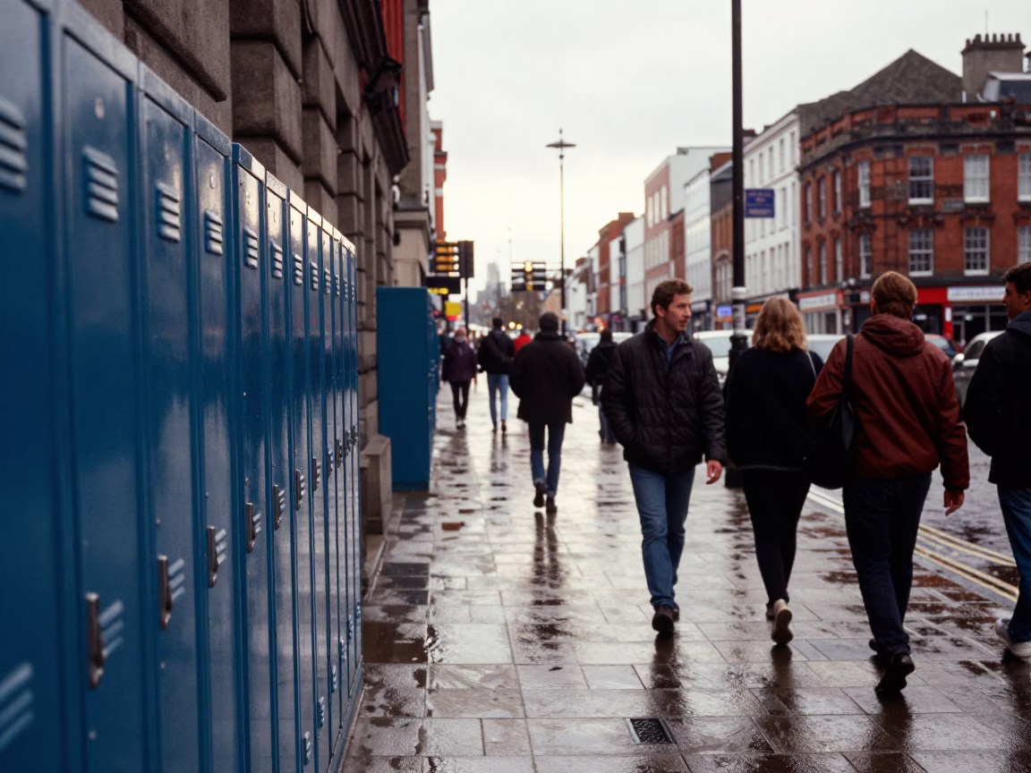 Late Afternoon Street Scene in Liverpool UK with School Lockers and Rain in in Liverpool, United Kingdom
