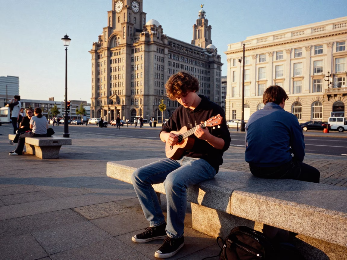 Late Afternoon Street Scene in Liverpool UK with Vintage Ukulele Player in in Liverpool, United Kingdom