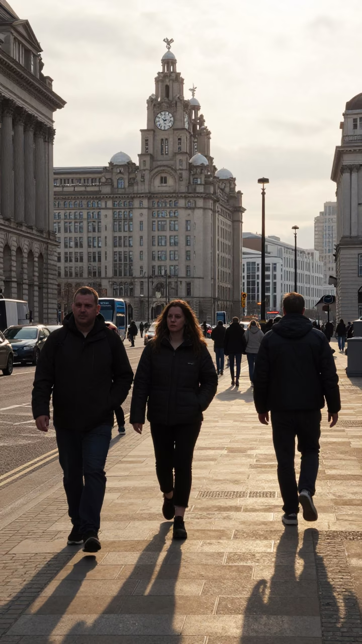 Late Afternoon Street Scene in Liverpool United Kingdom with Brutalist Architecture and Urban Life in in Liverpool, United Kingdom