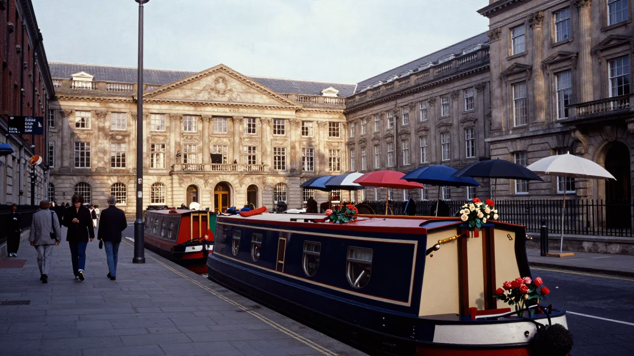 Late Afternoon Street Scene in Liverpool with Narrowboat and Umbrellas in in Liverpool, United Kingdom