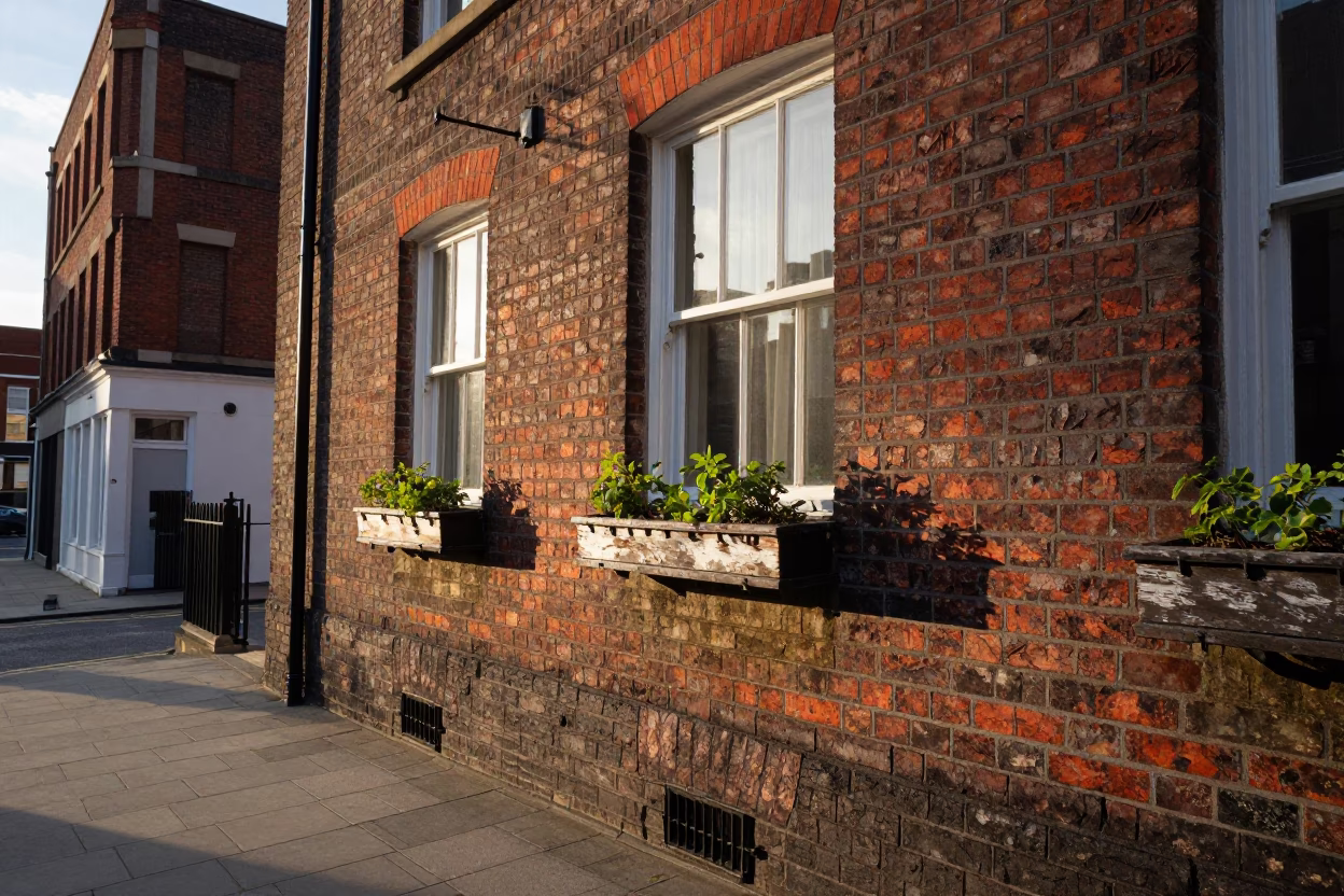Late Afternoon Street Scene in Liverpool with Window Box and Coffee Tin in in Liverpool, United Kingdom