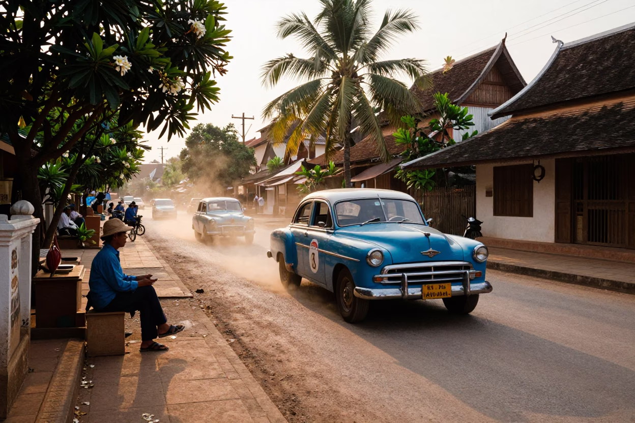 Late Afternoon Street Scene in Luang Prabang Laos with Frangipani and Vintage Car Rally in in Luang Prabang, Laos