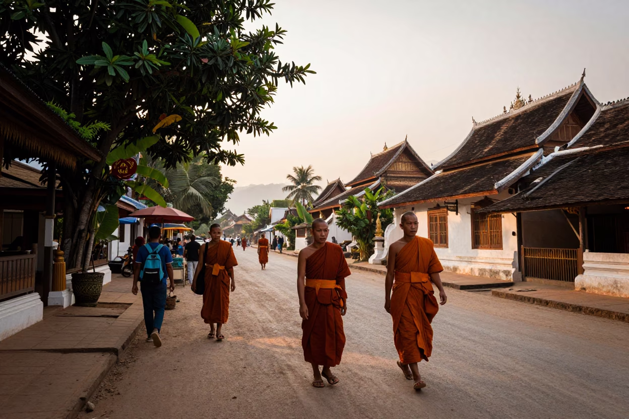 Late Afternoon Street Scene in Luang Prabang Laos with Local Monks and Traditional Architecture in in Luang Prabang, Laos
