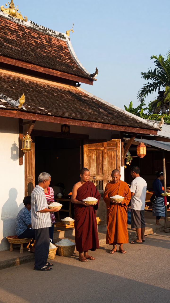 Late Afternoon Street Scene in Luang Prabang Laos with Monk Alms and Local Life in in Luang Prabang, Laos
