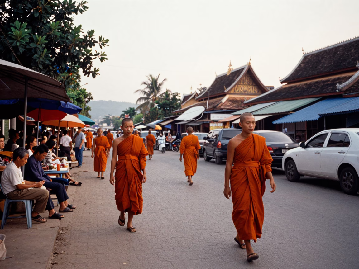 Late Afternoon Street Scene in Luang Prabang Laos with Monks and Market Activity in in Luang Prabang, Laos