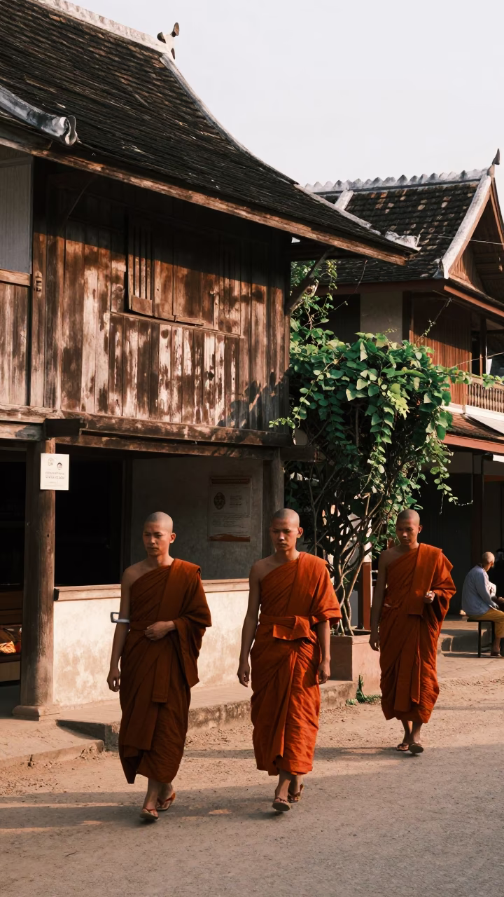 Late Afternoon Street Scene in Luang Prabang Laos with Monks and Vine in in Luang Prabang, Laos