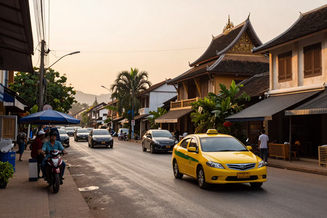 Late Afternoon Street Scene in Luang Prabang Laos with Sunlight and Daily Life in in Luang Prabang, Laos