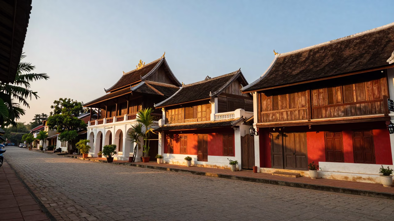 Late Afternoon Street Scene in Luang Prabang Laos with Traditional Architecture and Daily Life in in Luang Prabang, Laos