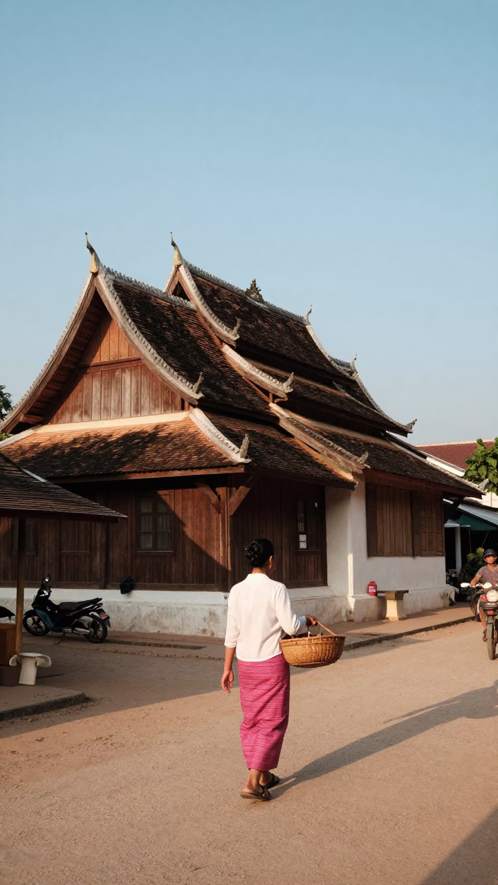 Late Afternoon Street Scene in Luang Prabang Laos with Traditional Architecture in in Luang Prabang, Laos