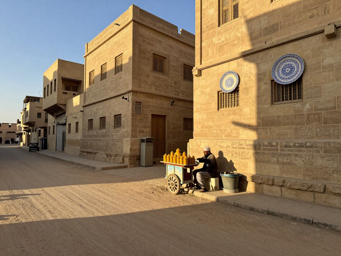 Late Afternoon Street Scene in Luxor Egypt with Ceramic Plate and Spice Jars in in Luxor, Egypt