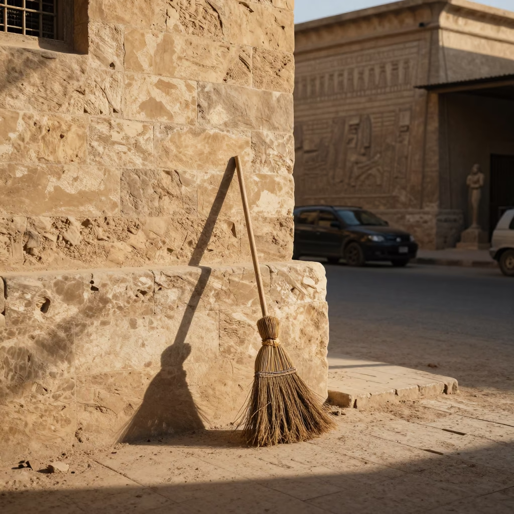 Late Afternoon Street Scene in Luxor Egypt with Hand Broom and Charcoal Sketchbook in in Luxor, Egypt