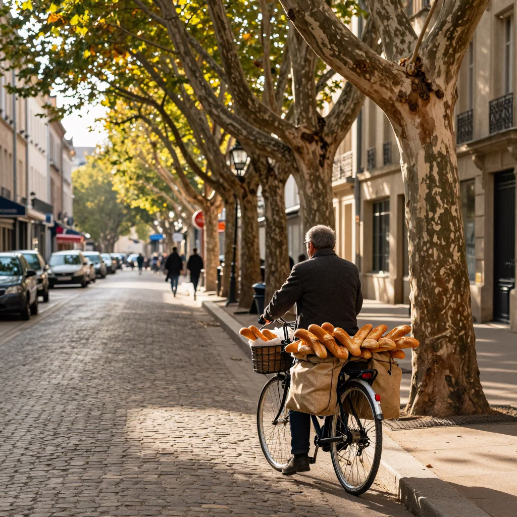 Late Afternoon Street Scene in Lyon France with Bicycle Baguettes and Tree in in Lyon, France