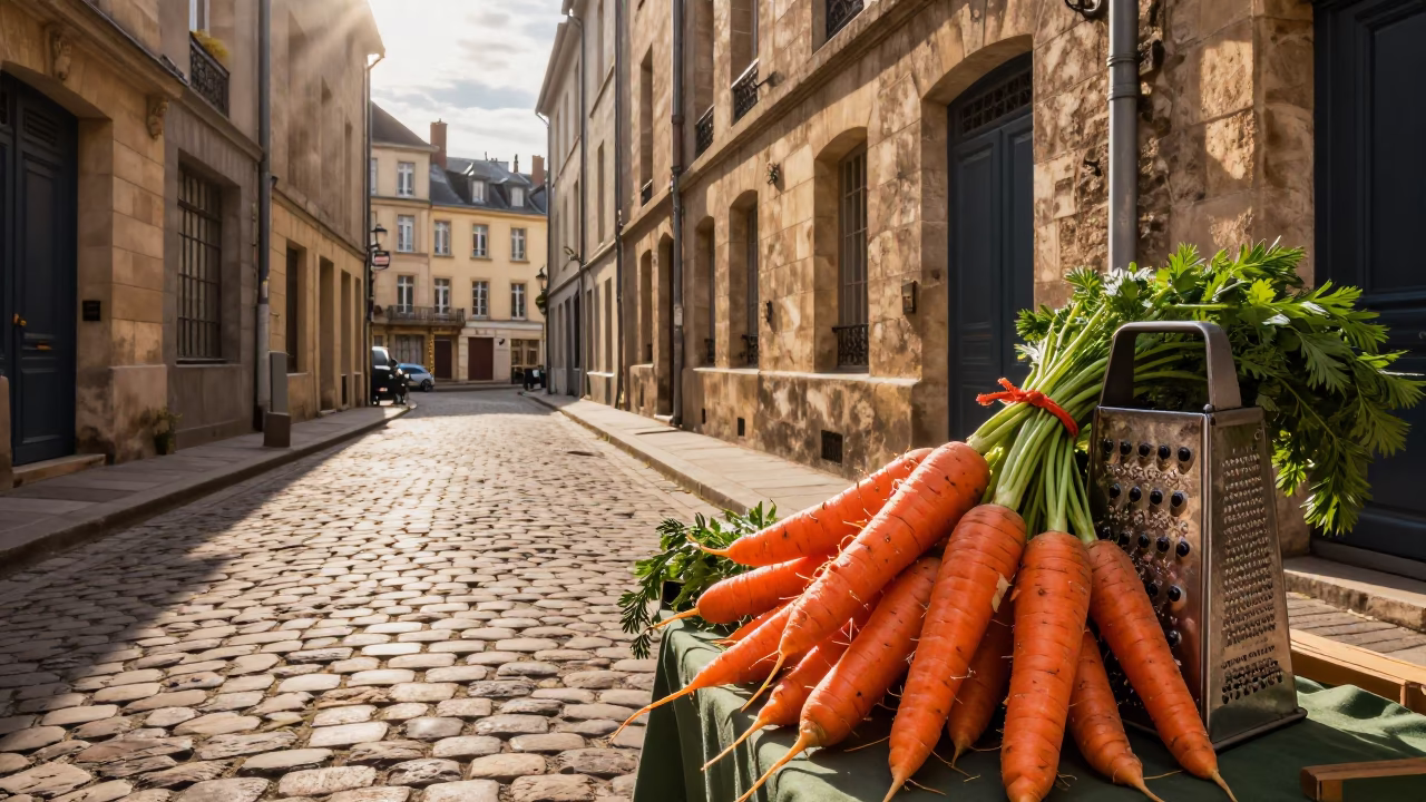 Late Afternoon Street Scene in Lyon France with Carrots and Grater in in Lyon, France