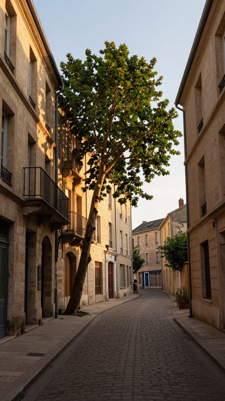 Late Afternoon Street Scene in Lyon France with Fig Tree and Vintage Pin Tin in in Lyon, France