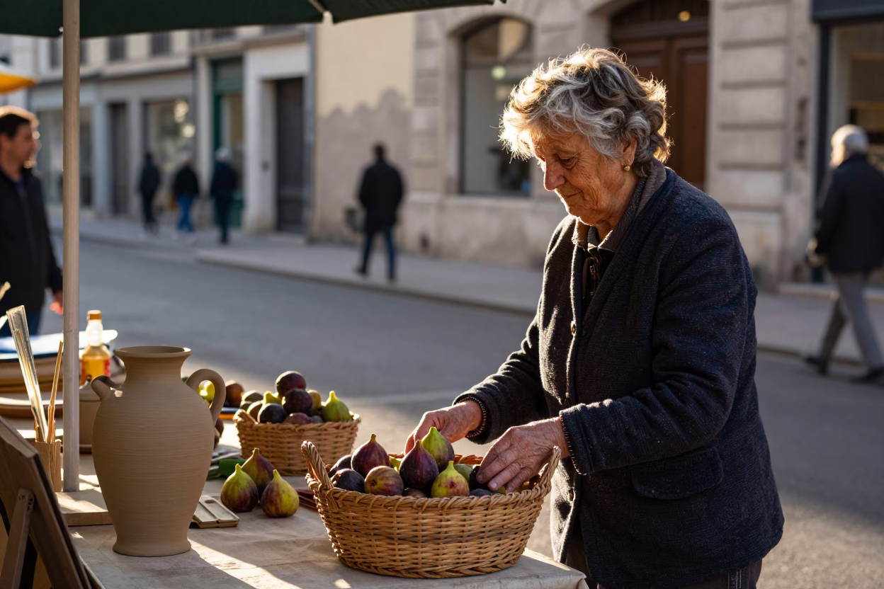 Late Afternoon Street Scene in Lyon France with Figs and Clay Pot in in Lyon, France