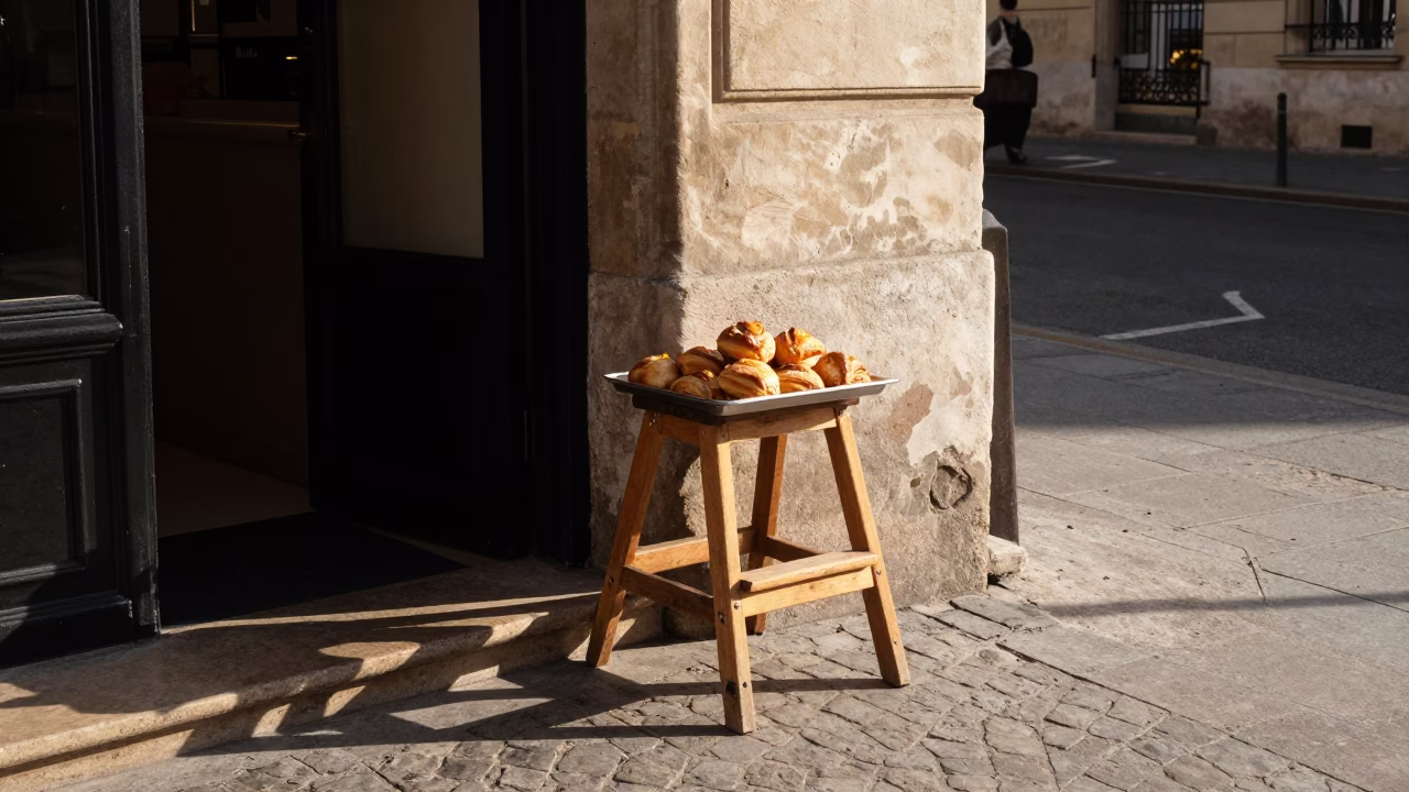 Late Afternoon Street Scene in Lyon France with Pastries and Step Stool in in Lyon, France