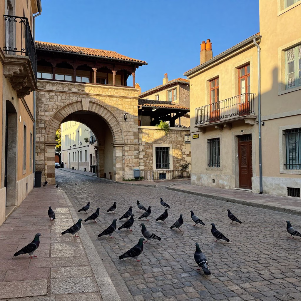 Late Afternoon Street Scene in Lyon France with Pigeons and Traditional Architecture in in Lyon, France