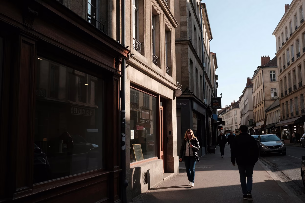 Late Afternoon Street Scene in Lyon France with Sunlight and Local Life in in Lyon, France