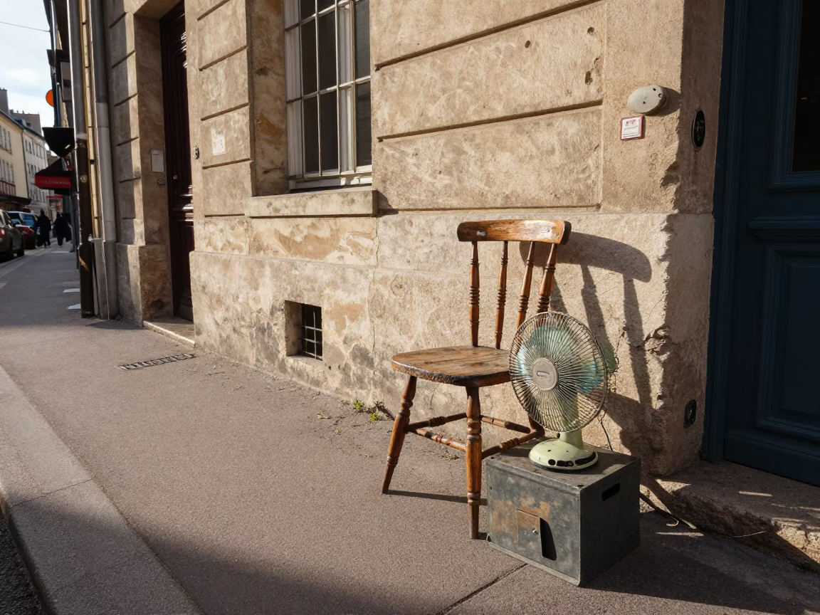 Late Afternoon Street Scene in Lyon France with Vintage Spindle Chair and Table Fans in in Lyon, France