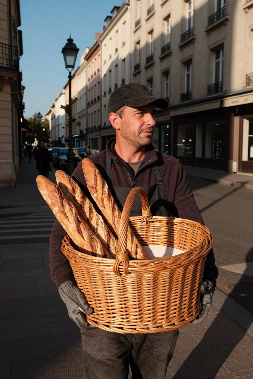 Late Afternoon Street Scene in Lyon France with Wicker Basket and Train Station Clock in in Lyon, France