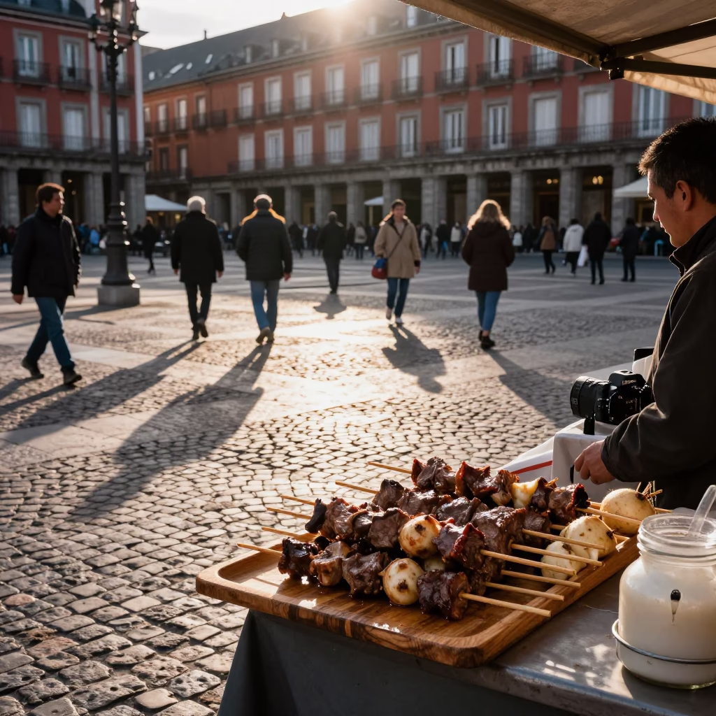 Late Afternoon Street Scene in Madrid Spain with Anticuchos and Turnips in in Madrid, Spain