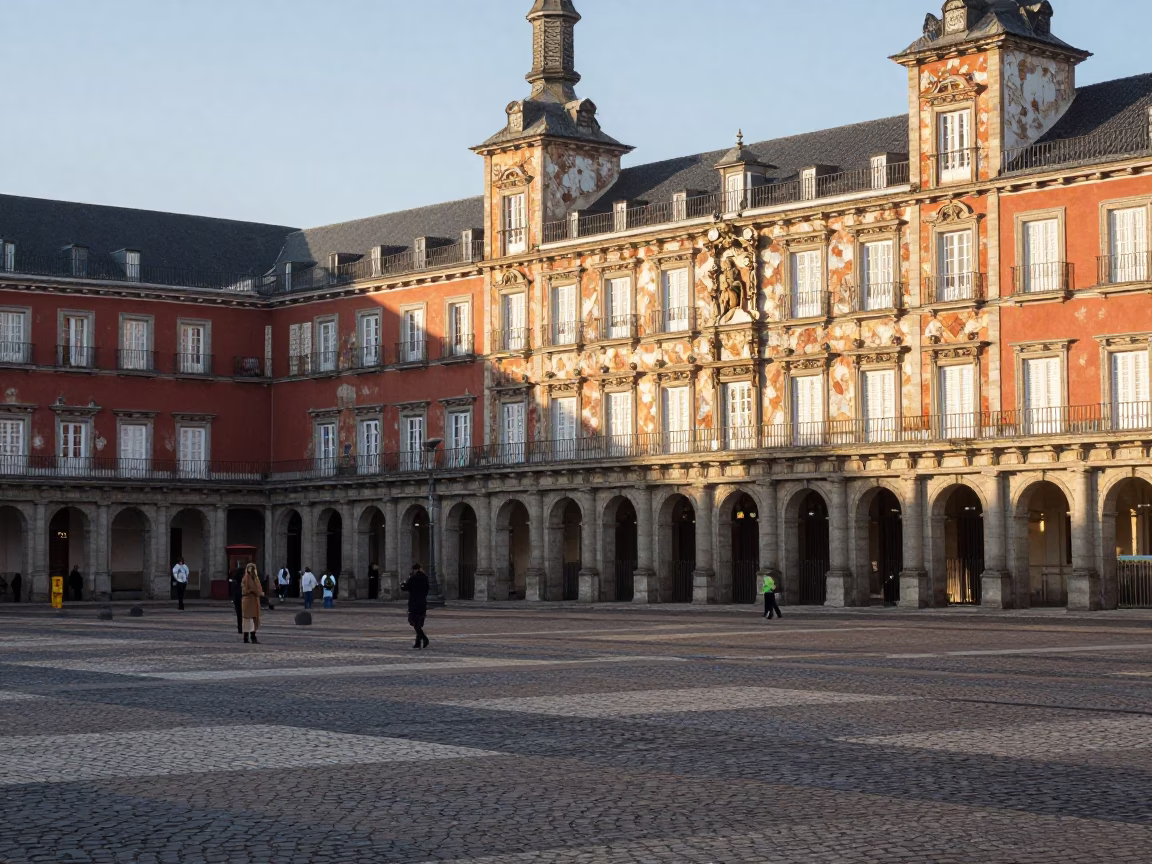 Late Afternoon Street Scene in Madrid Spain with Cobblestone Plaza and Local Pedestrians in in Madrid, Spain