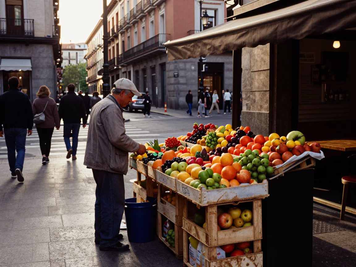 Late Afternoon Street Scene in Madrid Spain with Fruit Vendor and Traditional Architecture in in Madrid, Spain