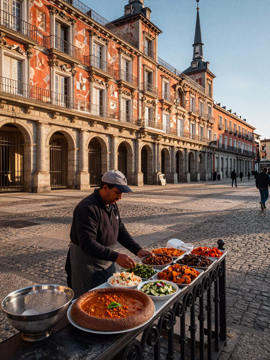 Late Afternoon Street Scene in Madrid Spain with Mesh Colander and Injera in in Madrid, Spain