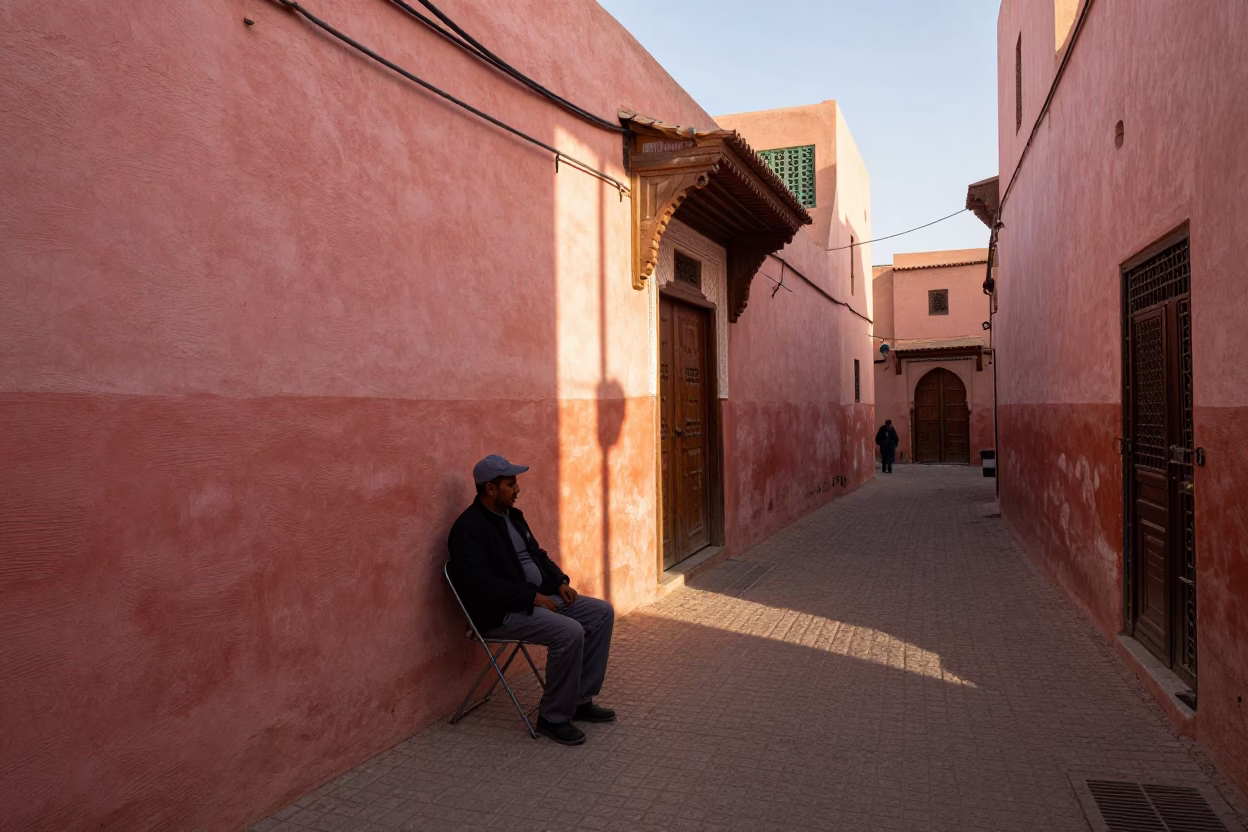 Late Afternoon Street Scene in Marrakech Morocco with Folding Chair and Rusty Table in in Marrakech, Morocco
