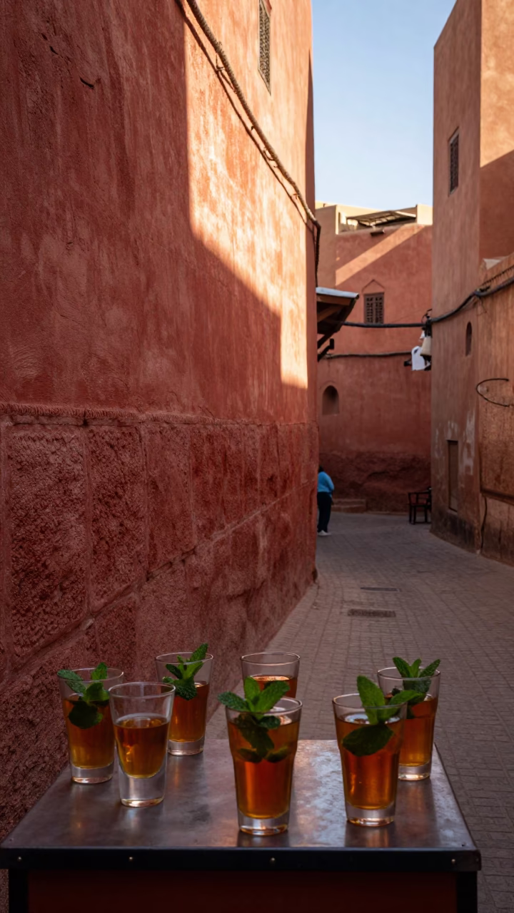 Late Afternoon Street Scene in Marrakech Morocco with Glass Tumblers and Wicker Shadows in in Marrakech, Morocco