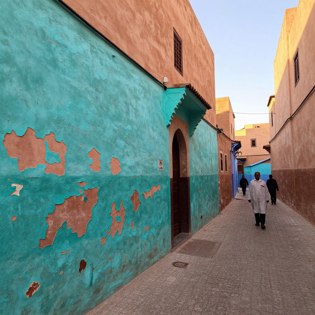 Late Afternoon Street Scene in Marrakech Morocco with Peeling Turquoise Paint and Local Life in in Marrakech, Morocco