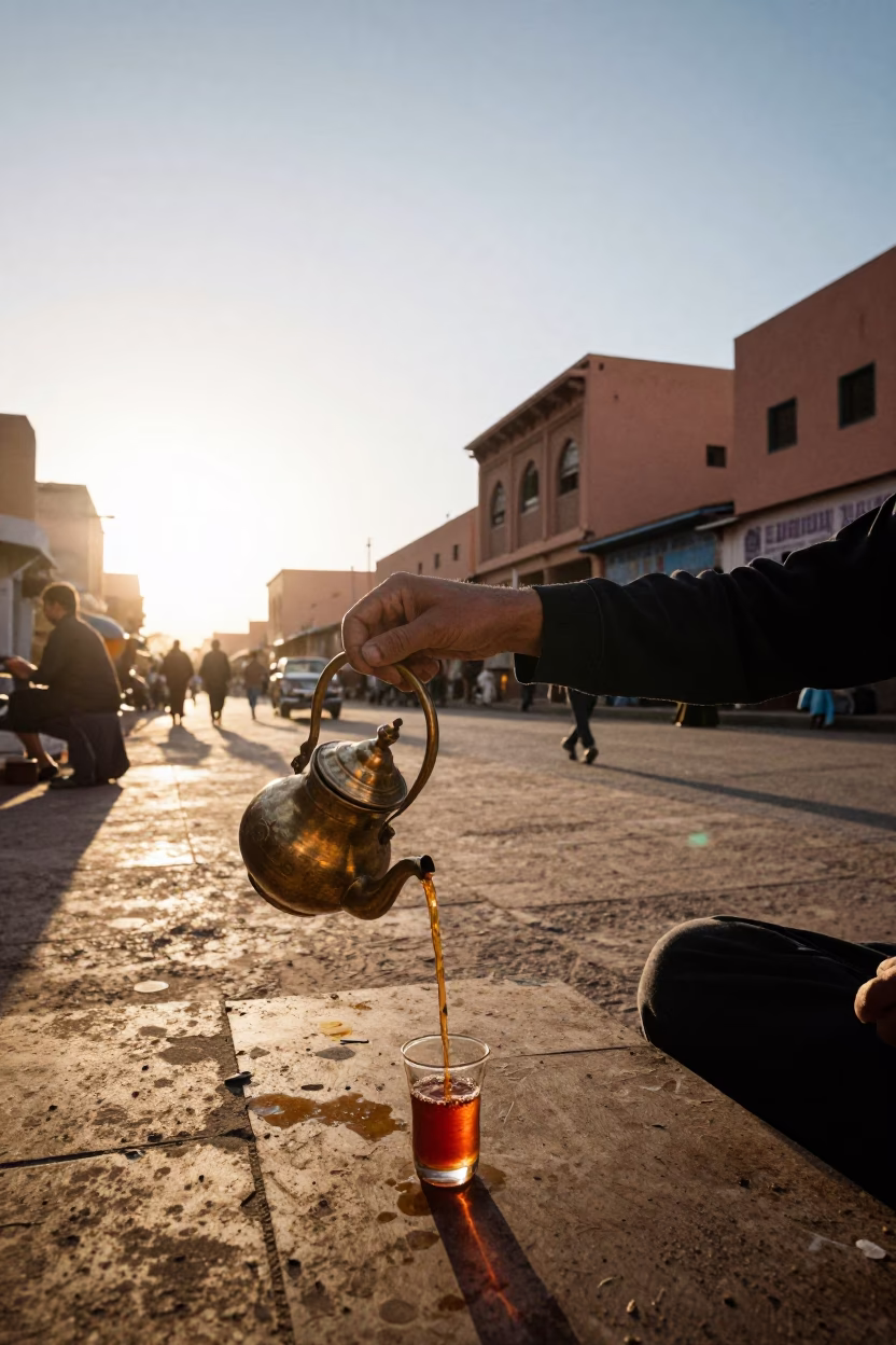 Late Afternoon Street Scene in Marrakech Morocco with Tea Stains and Fountain Spray in in Marrakech, Morocco