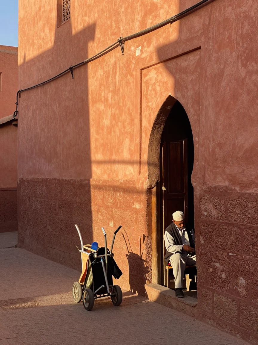 Late Afternoon Street Scene in Marrakech Morocco with Tool Caddy and Porcelain Plate in in Marrakech, Morocco