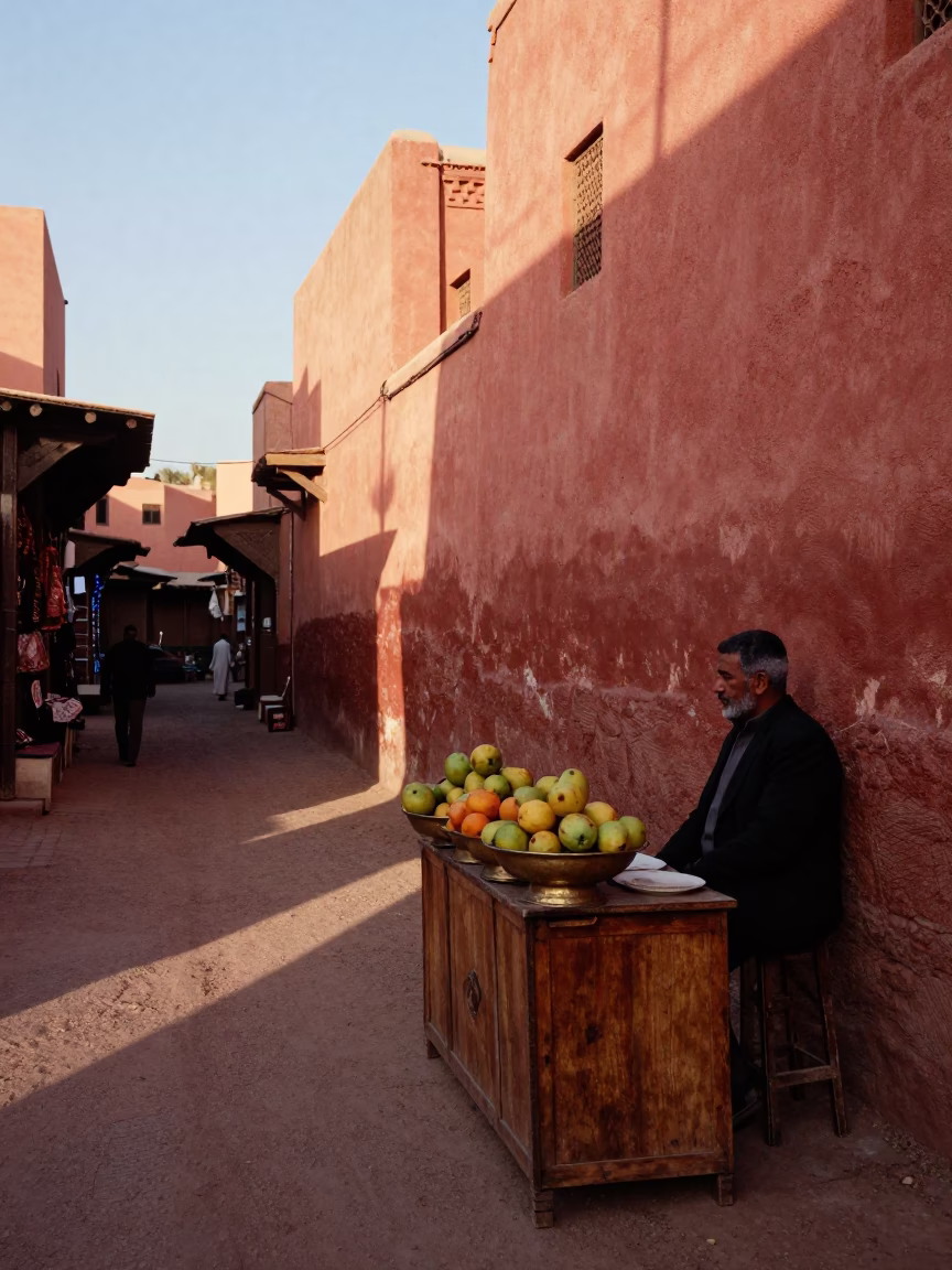 Late Afternoon Street Scene in Marrakech Morocco with Traditional Souk Architecture and Local Life in in Marrakech, Morocco