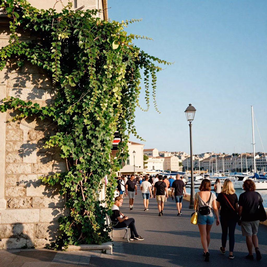 Late Afternoon Street Scene in Marseille France with Ivy Vines and Canal View in in Marseille, France