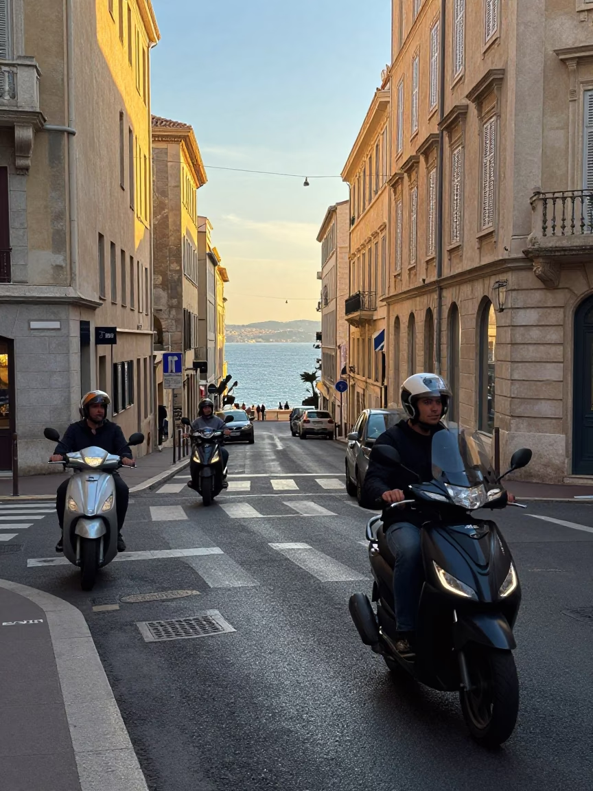 Late Afternoon Street Scene in Marseille France with Motorcycles and Coastal Highway Traffic in in Marseille, France