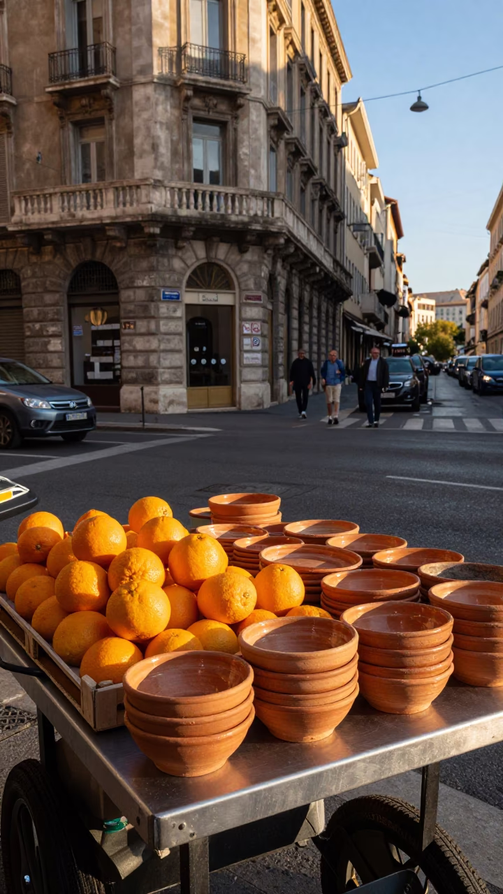 Late Afternoon Street Scene in Marseille France with Terracotta Bowls and Brushed Steel in in Marseille, France