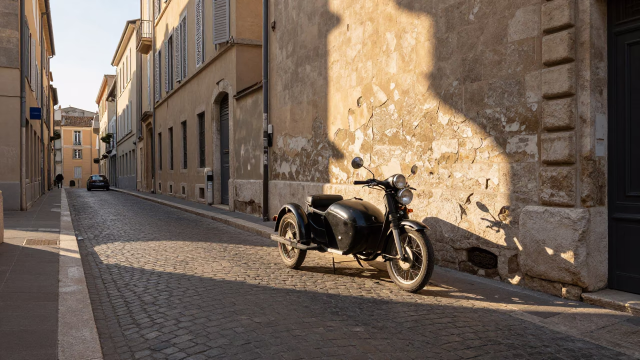 Late Afternoon Street Scene in Marseille France with Vintage Motorcycle and Sidecar in in Marseille, France