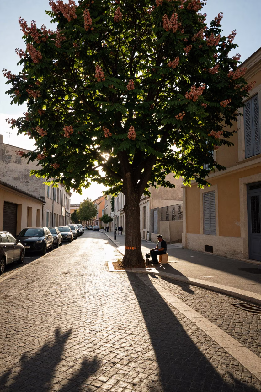 Late Afternoon Street Scene in Marseille with Chestnut Tree and Wicker Basket Shadow in in Marseille, France