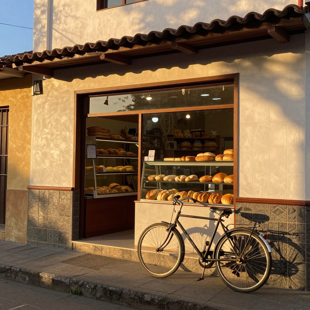 Late Afternoon Street Scene in Medellin Colombia with Bicycle and Bakery in in Medellin, Colombia
