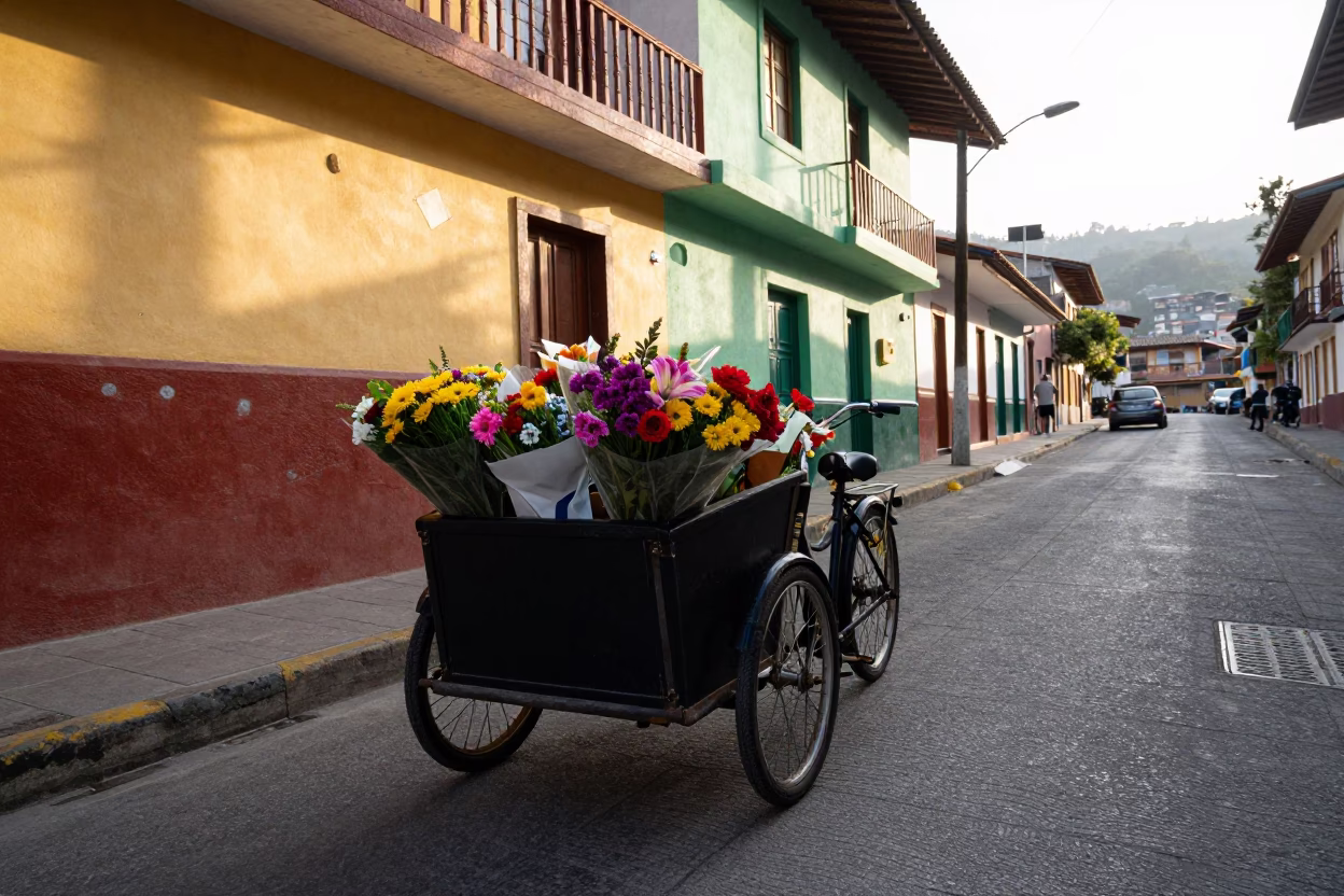 Late Afternoon Street Scene in Medellin Colombia with Cargo Bicycle and Flowers in in Medellin, Colombia