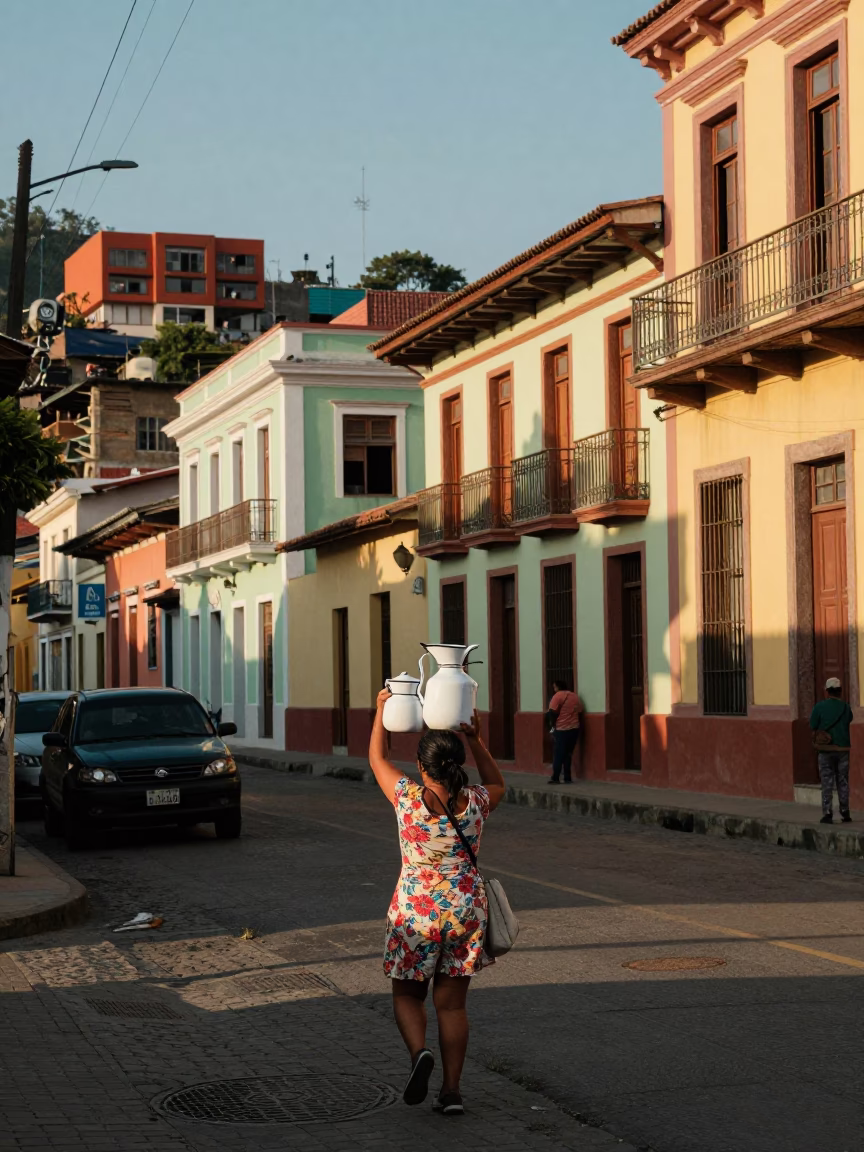Late Afternoon Street Scene in Medellin Colombia with Colorful Architecture and Local Life in in Medellin, Colombia